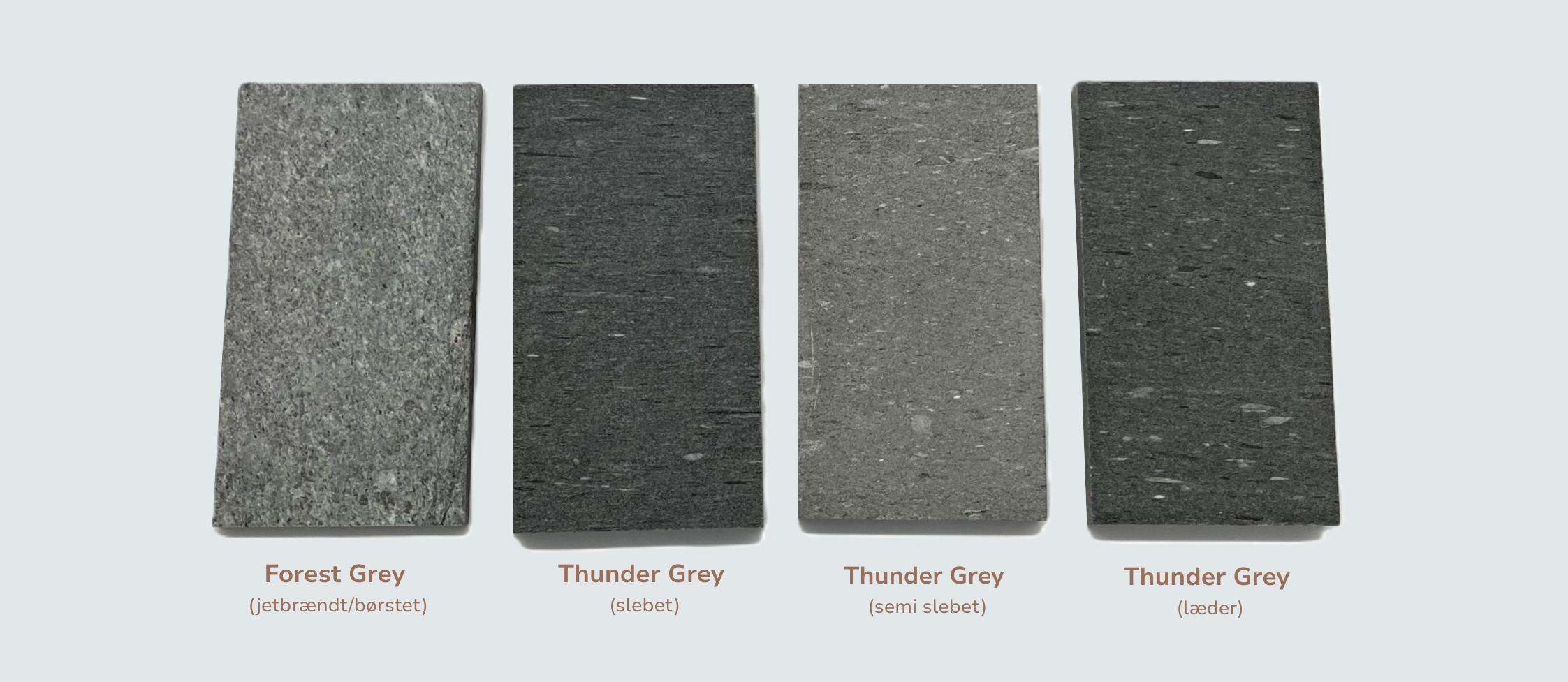 Thunder Grey og Forest Grey i fire forskellige overflader
